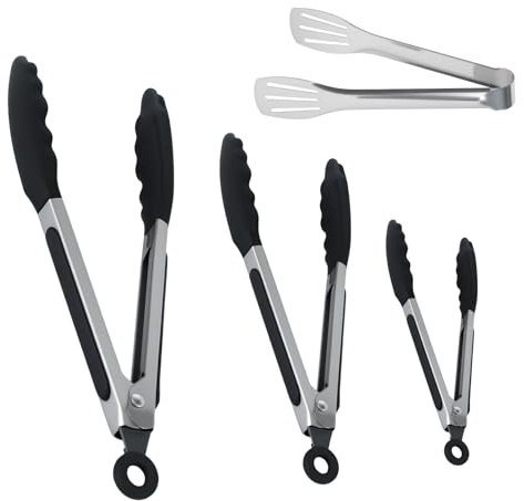 3 Stk Silikon Küchenzangen, Edelstahl Kochzange, 18/23/30 cm Grillzange Silikon Zange für Airfryer Zangen, Hitzebeständige Fleischzange Silikonzange für Heißluftfritteuse Grillen BBQ mit 1 Tri-Clamp