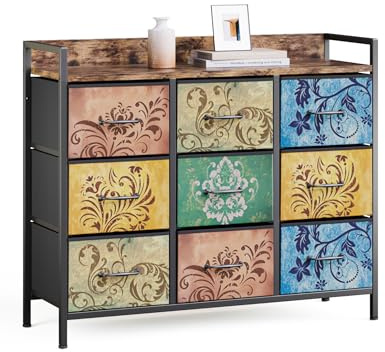 Mondeer Kommode mit 9 Schubladen, Schubladenschrank aus Vintage-Blumenmotiv Stoff Metallrahmen Rustikales, für Wohnzimmer Schlafzimmer Flur, 30 x 99 x 84 cm, Vintagebraun