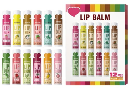 12 Stück Lippenbalsam Set,Lip Balm Set mit Vitamin E und Natürlichen Frucht-Extrakten für Lippenpflege bei Trockenen Lippen,Feuchtigkeitsspendende Lippenpflegestift,Geschenk für Mädchen und Frauen