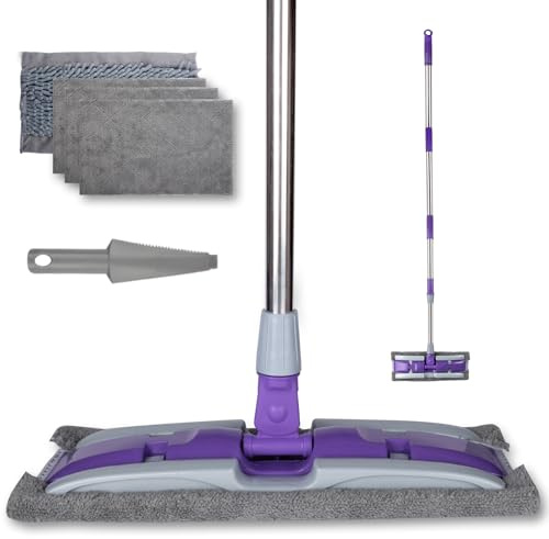 ITTAHO Mikrofaser Bodenwischer Set, Nass & Trocken Flachwischer mit Edelstahl-Teleskopstiel, 4 Wiederverwendbare Wischpads, Staubmopp für Hartholz, Laminat, Fliesen, Hartholzreinigung