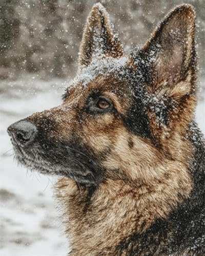 AYAOYANGGO Tier Kreuzstich Set Deutscher Schäferhund Im Schnee Diy-Kreuzstich-Sets Für Erwachsene Mit Nadeln，Scheren-Einfädler，Vordruck Für Die Wanddekoration Zu Hause 11CT 30x40cm
