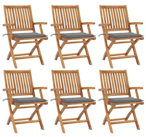 Mokuyary Fällbara trädgårdsstolar med kuddar, set om 6, massivt trä, teak, balkongstol, terrassstolar, matstolar för terrass, trädgård, balkong – A
