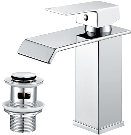 Hapilife Waterfall Bathroom Taps with Pop Up Waste - Square Sink Mixer Tap | Chrome Mono Basin Mixer Tap, Single Lever, Spa-Like Cascade, Slotted Waste for Overflow Basin, Stainless Steel, UK G1/2 Hoses