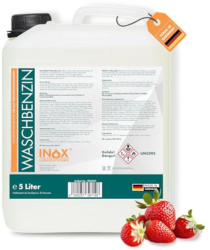 INOX® IX 200 Waschbenzin 5L | Hochwirksames Reinigungsbenzin für Flecken, Fett & Öl | Lösungsmittel für Textilien, Kunststoff & Oberflächen | Benzin Reiniger für Haushalt & Werkstatt | Versand in 5x1L