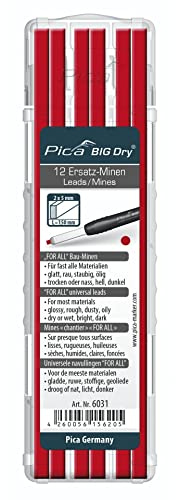 Pica 6031 I Spezial Ersatz-Minen für Big Dry 6060 I rot, wasserlöslich I For-All, egal ob trocken, nass, glatt, rau, staubig oder ölig I ideal für Holz, Kunststoff, Fliesen I 2x5 mm I 12 Stück