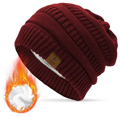 Durio Mütze Damen Winter Strickmütze Grobstrick Warme Beanie mit Innenfutter Weinrot