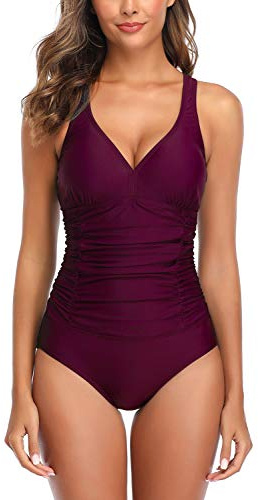 Derssity Womens Ruched Tummy Control One Piece Swimsuit Swimming Costume | Retro V-plunge Neck Adjustable Cross-straps Modest Swimwear Bathing Suit for Women