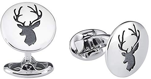 Vinani Design Manschettenknöpfe Hirsch Symbol rund geschwärzt glänzend 925 Sterling Silber Herren Anzug Hemd 2MAH