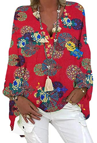Onsoyours Chemisier Femme Col V Blouse Élégant Haut Manches Longues Impression Géométrique Tunique Ample Fluide Chic Casual Vintage T-Shirt