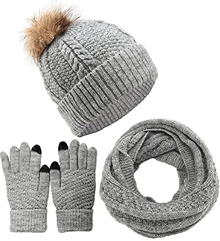 CheChury Wintermütze Schal Handschuhe Sets Damen Strickmütze Kombiset Strickset Beanie Loop Schal Gestrickt Mütze Set Strickmütze Fleece Pompon Touchscreen-Handschuhe Geschenkset,Grau,one size