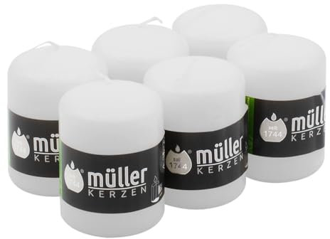 Müller Candele Bianche a Colonna Cilindriche, Set di 6 Candele, Colore Bianco, dim. 57 x 81 mm, Lunga Durata di 15 Ore, Cera Antigoccia, Inodore, Qualità RAL