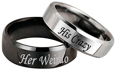 Aotiwe Claddagh Ring Herren, Partnerringe mit Gravur Her Weirdo and His Crazy Edelstahl Silber Schwarz W 52 &M 67
