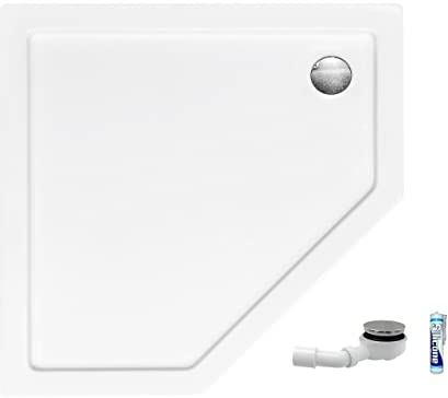 ECOLAM® Duschwanne Duschtasse Dusche flach Bergo Fünfeck 90 x 90 x 3,5 x 6 cm Acryl weiß + Siphon + Silikon SlimLine Set