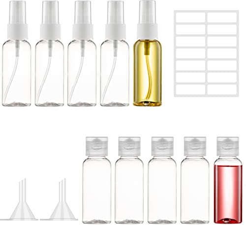 10 Pcs 50ml Plastic Bottles Travel Bottles for Toiletries, Refillable Transparent Liquid Containers Bottle with Funnels and Labels for Travel or Cosmetic (5 Spray Bottles + 5 Flip Cap Bottles)