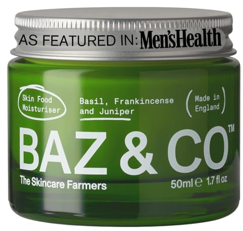 BAZ & CO Natural Moisturiser for Men - Skin Food Face Moisturiser with Basil, Frankincense & Juniper | Hydrating Daily Moisturiser Men Skincare | Plant-based mens moisturiser - 50ml