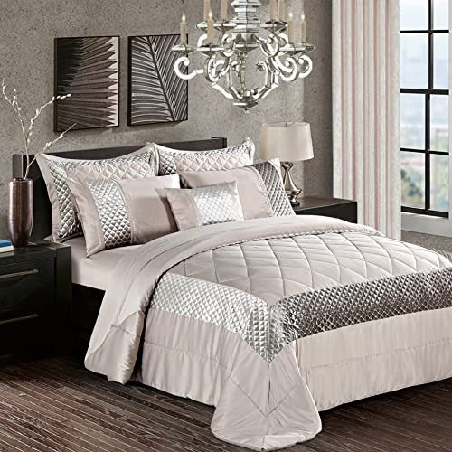 PRIME LINENS Luxury 3 Pcs Quilted Bedspread Bedding Set Comforter Bed Throw with Matching Pillow Shams Satin Sequence Design Easy Care (Mink, King)
