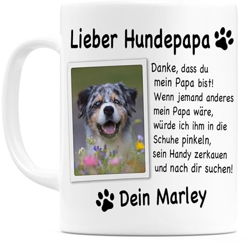 Hundepapa Tasse personalisiert mit Namen Geschenk für Hundebesitzer | Personalisiert, hochwertige Keramik, spülmaschinen- & mikrowellengeeignet, 330 ml, Hundemotiv