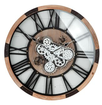 GILDE Wanduhr - rund aus Holz und Metall - Zahnrädermotiv - naturfarben und schwarz - Ø 68cm x Tiefe 8cm - Batterien in der Lieferung Nicht enthalten
