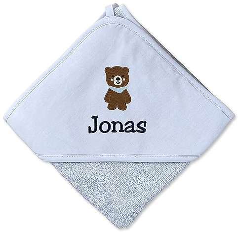 upstitch studio Kapuzenhandtuch (75x75cm) für Baby mit Namen personalisiert für Jungen in Blau aus 100% Baumwolle, Babyhandtuch