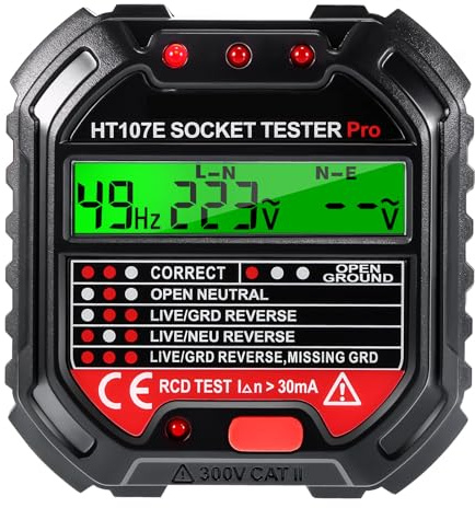 Socket Tester, Digital Circuit Breaker Detector Electric Circuit Polarity Finder Voltage Detector with Bright LCD Display Reference Chart UK, 90-250v, HT107E