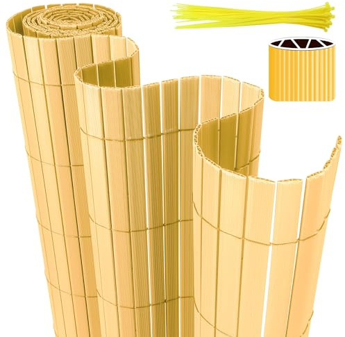 Eulenke PVC Sichtschutzmatte, 100 x 500cm Sichtschutzzaun mit Kabelbindern, Innen W-Struktur Verstärkte Lamellen, Windschutz Balkon sichtschutz für Zaun Garten Terrasse, Bambus