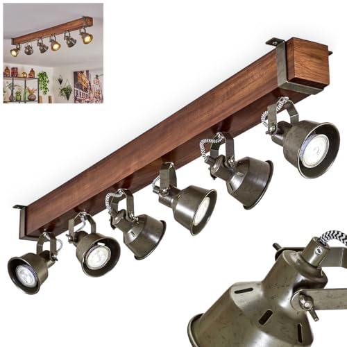 HOFSTEIN Deckenleuchte Pehefito, verstellbare Deckenlampe aus Metall/Holz in Grün-Grau/Braun, Leuchte im Industrial/Retro/Vintage-Design mit Holzbalken, 6 x GU10, Wohnzimmer, Esszimmer, Schlafzimmer