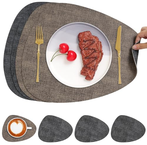 Chitomars Tischsets Leder und Untersetzer, Platzset Rund doppelseitig | Tischsets abwaschbar rutschfest Platzsets Lederoptik Platzdeckchen Teller Untersetzer (Grau Braun, 4er Set)