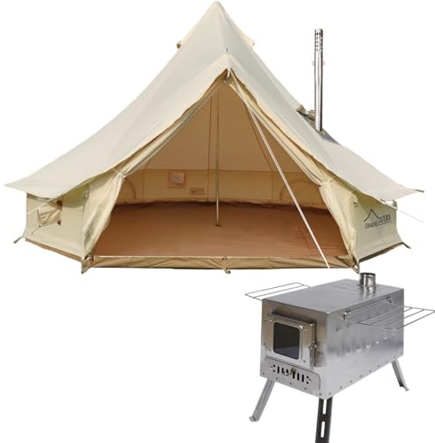 DANCHEL OUTDOOR 4 Season Canvas Yurt Tent with Large Wood Stove, Heavy Duty Bell Tent with Stove Jack 6 Person Winter Camping Glamping, 5m/16.4ft