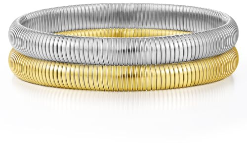 Emibele Bangle Bracelet Set 2Pcs, 8mm Chunky Stainless Steel Non Tarnish Bracelet Stack, Flexible Stretch Wide Wristband Bangle Layered Snake Chain Bracelet for Women, Gold & Silver