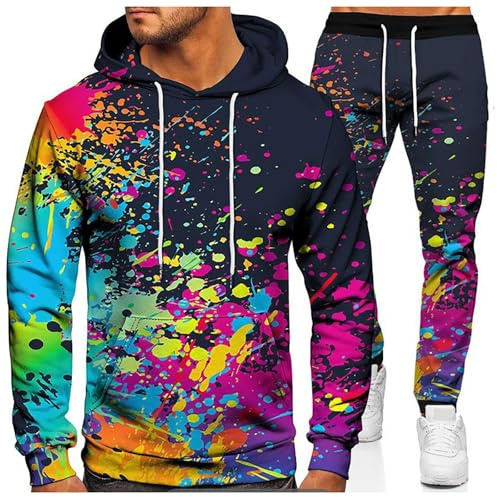 Foweknow Jogginganzug Herren Bunt Druck Sportanzug Modische Hoodie Sweatpants Set Persönlichkeit Streetwear Laufanzug Bequeme Kapuzenpullover Lässig Sporthose 2 Teiler Outfit