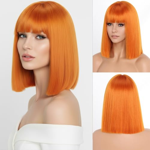 SIMKAYLEE Kort orange bob-peruk med lugg axellängd rak orange peruker för kvinnor, bob-skuren peruk med lugg för cosplay kostym anime-fest halloween daglig användning (30 cm)