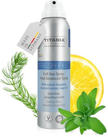 TITANIA Fuß Deo Spray 150ml - Schweißhemmend mit Schachtelhalmextrakt & Salbeiöl - Zitrisch-frischer Duft - Vegan & Mikroplastikfreie Rezeptur