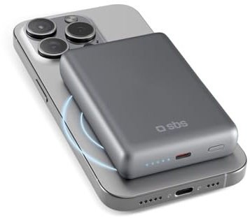 SBS PowerBank 10K MagSafe, 10000mAh, Wireless 15W, 20W Power Delivery USB-C (PD 3.0 PPS), Powerbank mit Schnelllade, tragbares Reiseladegerät, schlankes Design, Aluminiumgehäuse, Grau