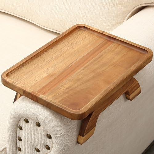 SINWANT Couch Arm Table,Acacia Wood Sofa Arm Rest Tray for Couch,13.78 Foldable Couch Armrest Tray Tables for Home Apartment Small Spaces