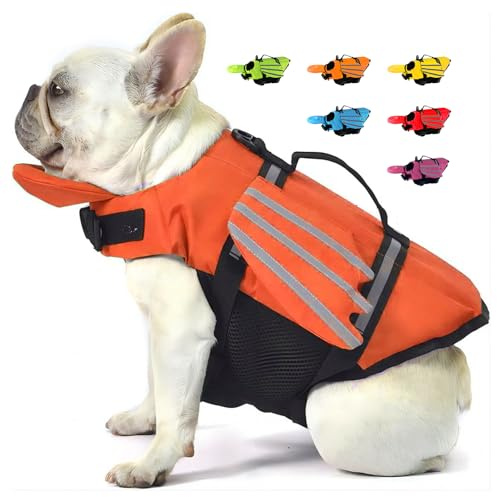 Giubbotti di Salvataggio Per Cani con Ali Giubbotto Salvagente Per Animali Domestici con Mento Galleggiante Salvagente Gilet con Manico e Riflettente per Nuoto e Barca Arancione L