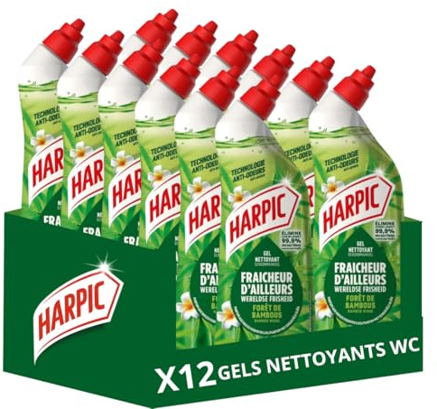 Harpic Gel WC - Nettoyant Fraicheur d'Ailleurs Parfum Foret de Bambous avec technologie anti-odeurs - lot de 12 x 750 ml