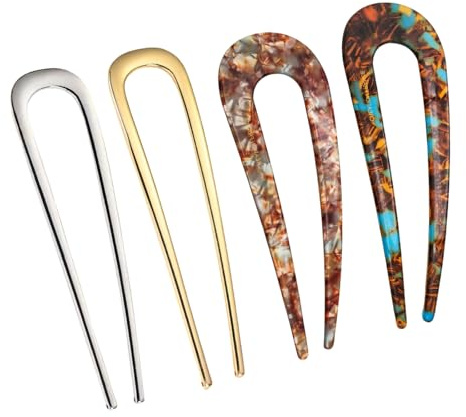 4 PCS French Hair Pin, Large Size U Shaped Hair Pins, Metal & Acetate Hair Pins for Women, Secure Hold for Thick Hair, Gold Silver Hair Clips, Versatile & Fashionable Hairpin for Everyday Style