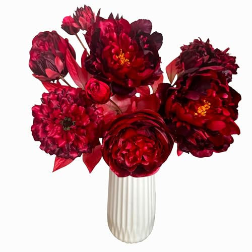 Online Fuchs Künstliche Deko Blumen, Pflanzen wie echt - rote Dahlien und Pfingstrosen mit goldenen Stielen, Kunstblumenstrauß - ca. 65 cm groß