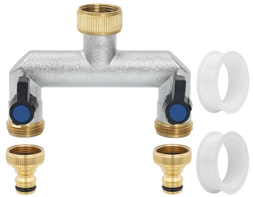 Votoko 2-Wege Wasserhahn Wasserverteiler, 3/4 Zoll Messing Wasseranschluss Verteiler, Schlauchverteiler 2fach mit 2 Individuellem Kugelhahn und 2 Adapter 1/2 zoll, für Gartenschläuche, Geräte