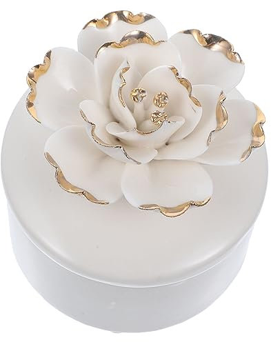 BUGUUYO Ceramic Jewelry Case Small Jewelry Storage Box Lid Handmade White Flower Decorative Trinket Box Earring and Necklace Holder for Home Organizer