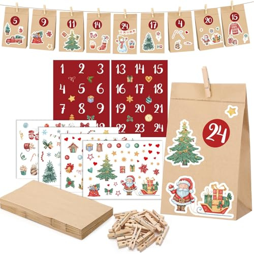 woric Calendario de Adviento DIY para rellenar 2025, 24 bolsas de papel marrón con pegatinas y pinzas de madera, calendario de Navidad, bolsas para calendario de Adviento, niños y adultos