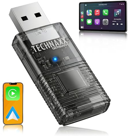 Technaxx Wireless CarPlay & Android Auto Adapter – Upgrade von Wired auf Wireless, 2.4/5GHz WLAN & Bluetooth 4.2, Plug & Play USB-Dongle mit USB-C & 90° Adapter – TX-346