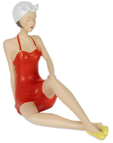 Moritz Dekofigur Retro Badefigur sitzend rot mit weißer Badekappe und gelben Schuhen aus Polyresin - nostalgische Damenfigur im Vintage Badeanzug - ca. 19,5 x 7 x 15,5 cm
