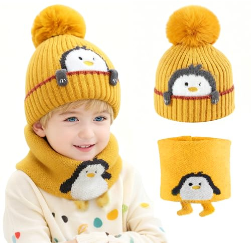 HSMHLYYB Kinder Wintermütze, Baby Wintermütze, Hat and Scarf Sets mit Bommel, Warm Verdicken Gefüttert, Mütze Baby Winter, Wintermützes Kinder Mütze Winter für Jungen Mädchen 1-3 Jahre(Gelb)