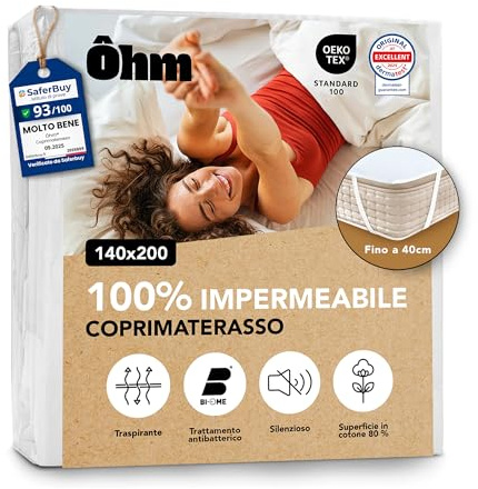 Ôhm Matratzenschoner 140x200 cm wasserdicht, atmungsaktive Baumwoll-Auflage, Schutz für Allergiker, Inkontinenz und Kinder, Anti-Milben, Elastikbänder bis 40 cm, Oeko-Tex