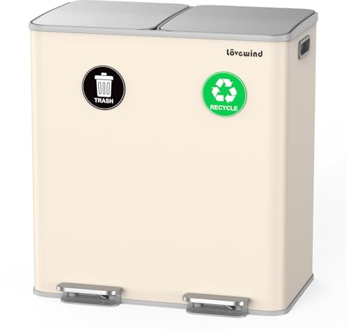 lovewind Kitchen Bin,2 X 30L Dual Compartment Pedal Recycling Bins for Kitchen,Stainless Steel Rubbish Bin with Inner Buckets, Soft Close, Wide Step-On Pedal,Airtight Design,for Home Office,Sand Beige