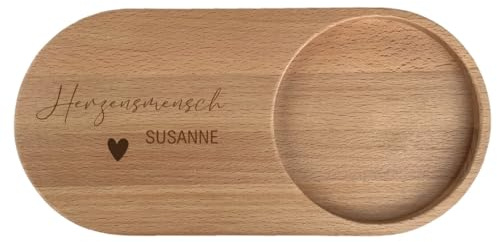 AWASG Serviertablett Holz personalisiert, Graviertes Dekotablett Herzensmensch oval, Geschenk für Beste Freundin, 23x11 cm