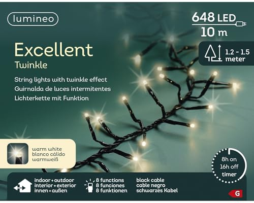 Lumineo EXCELLENT TWINKLE Lichterkette 648 LED 10 m warmweiß – 8 Lichtfunktionen & Timer 8 h, IP44 wetterfest, 15 m Gesamtlänge inkl. 5 m Zuleitung, LED Weihnachtsbeleuchtung für Innen & Außen