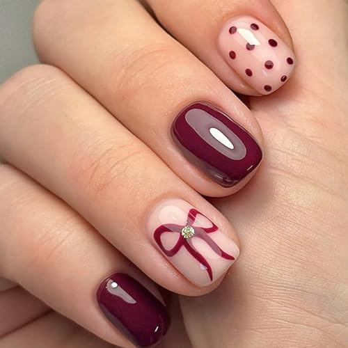 Viugex 24Pcs False Nails Short Square, Wine Red French Tip Press on Nails, Acrylic Fake Nails Set with Cute Bow & Dot Pattern, Natural Handmade Full Coverage Glue on Nail for Women Finger Decoration