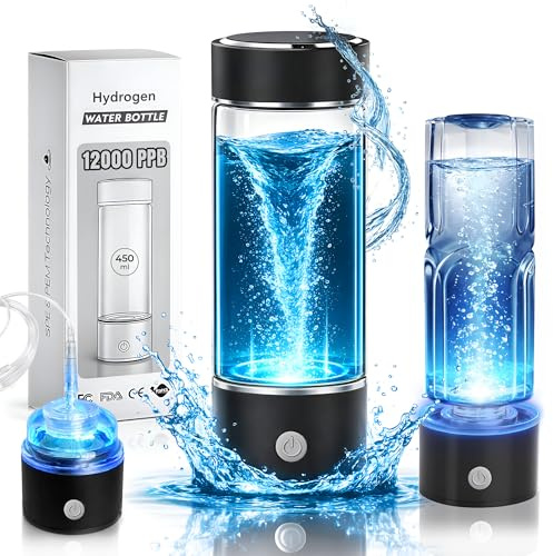 12000 PPB Hydrogen Glass Water Bottle Generator with SPE PEM Tech, Universal Adapter - 450ML Portable Molecular Hydrogen Water Bottle with 3-Minute Electrolysis, USB for Home, Office, Fitness, Gifts